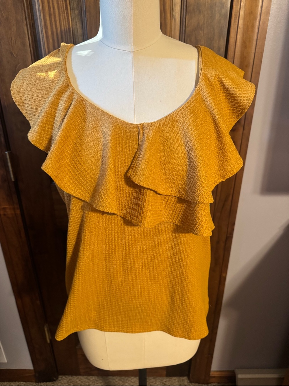 Nine West Mustard Yellow Ruffle-Front Sleeveless Top